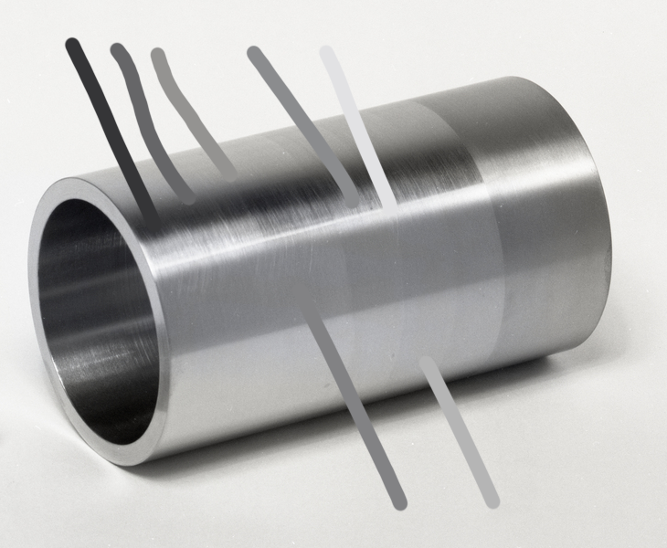 A metal cylinder laying on its side, with lines showing the colors