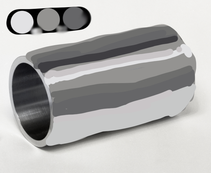 A metal cylinder laying on its side with the main part of the image colored over in blocks.
