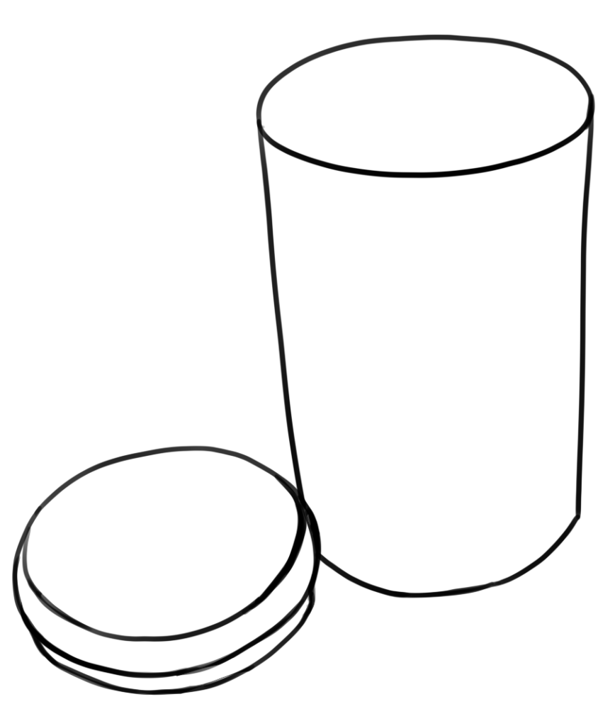 Line art of a trash can with a lid next to it.
